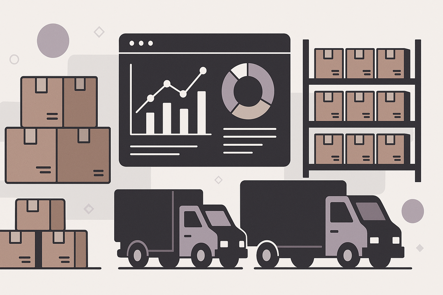 Illustration of order management system with boxes, trucks, shelves, and analytics dashboard representing inventory and logistics.