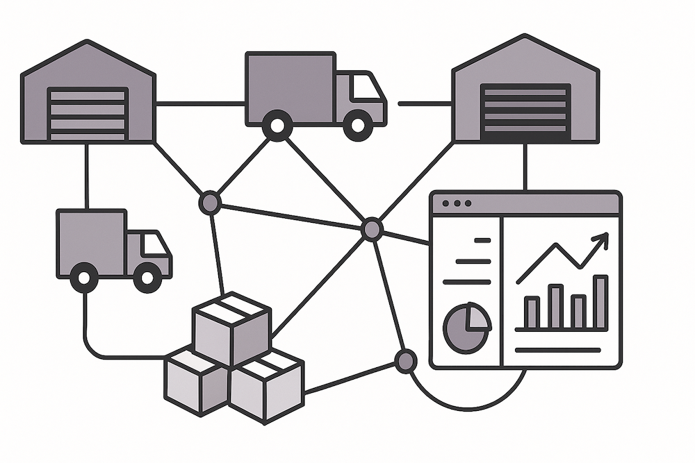 Illustration of supply chain management with warehouses, trucks, packages, and real-time data dashboard