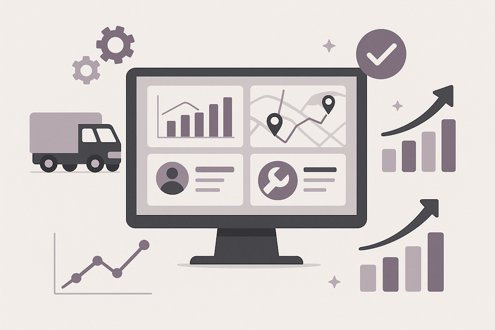Illustration showing fleet management analytics dashboard with data charts, routes, and delivery truck