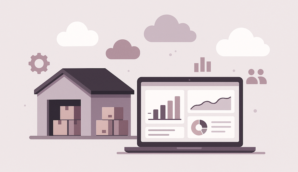 Flat illustration showing a warehouse and a laptop dashboard representing real-time analytics — symbolizing inventory software for small business