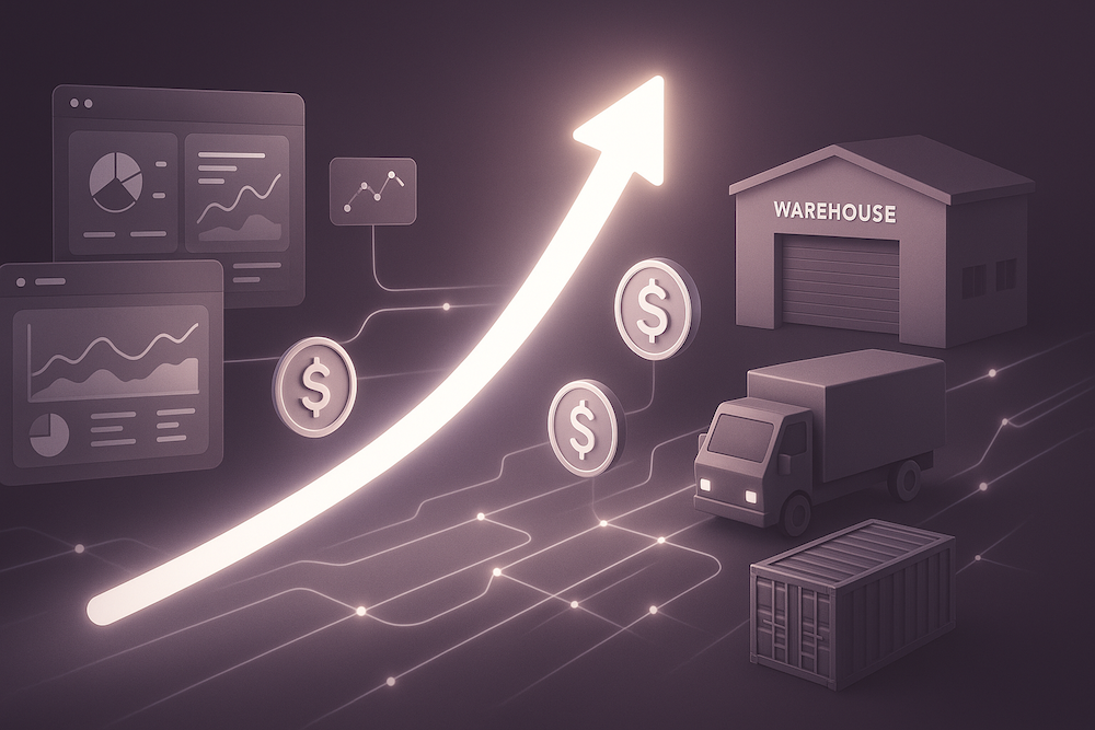 Illustration showing ROI growth and supply chain analytics with a warehouse, truck, and data dashboards.